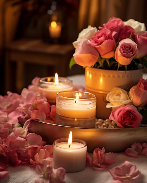 Bougies allumées et roses dans une ambiance chaleureuse et apaisante