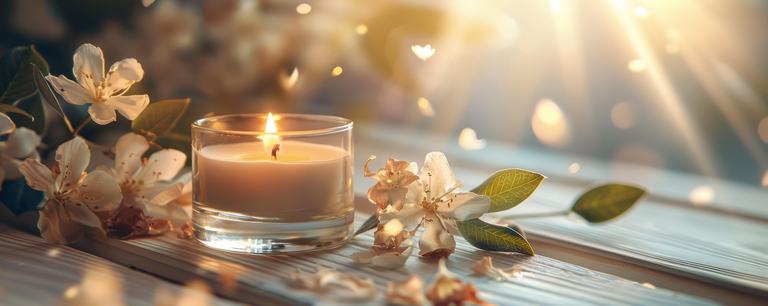 Bougie allumée et fleurs blanches baignées de lumière douce