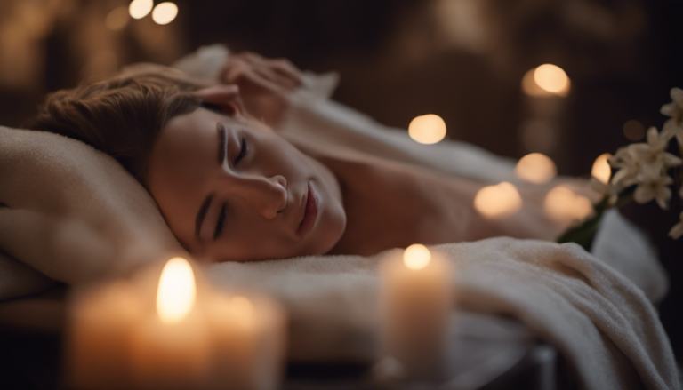Cliente détendue, les yeux fermés, dans une ambiance tamisée aux bougies